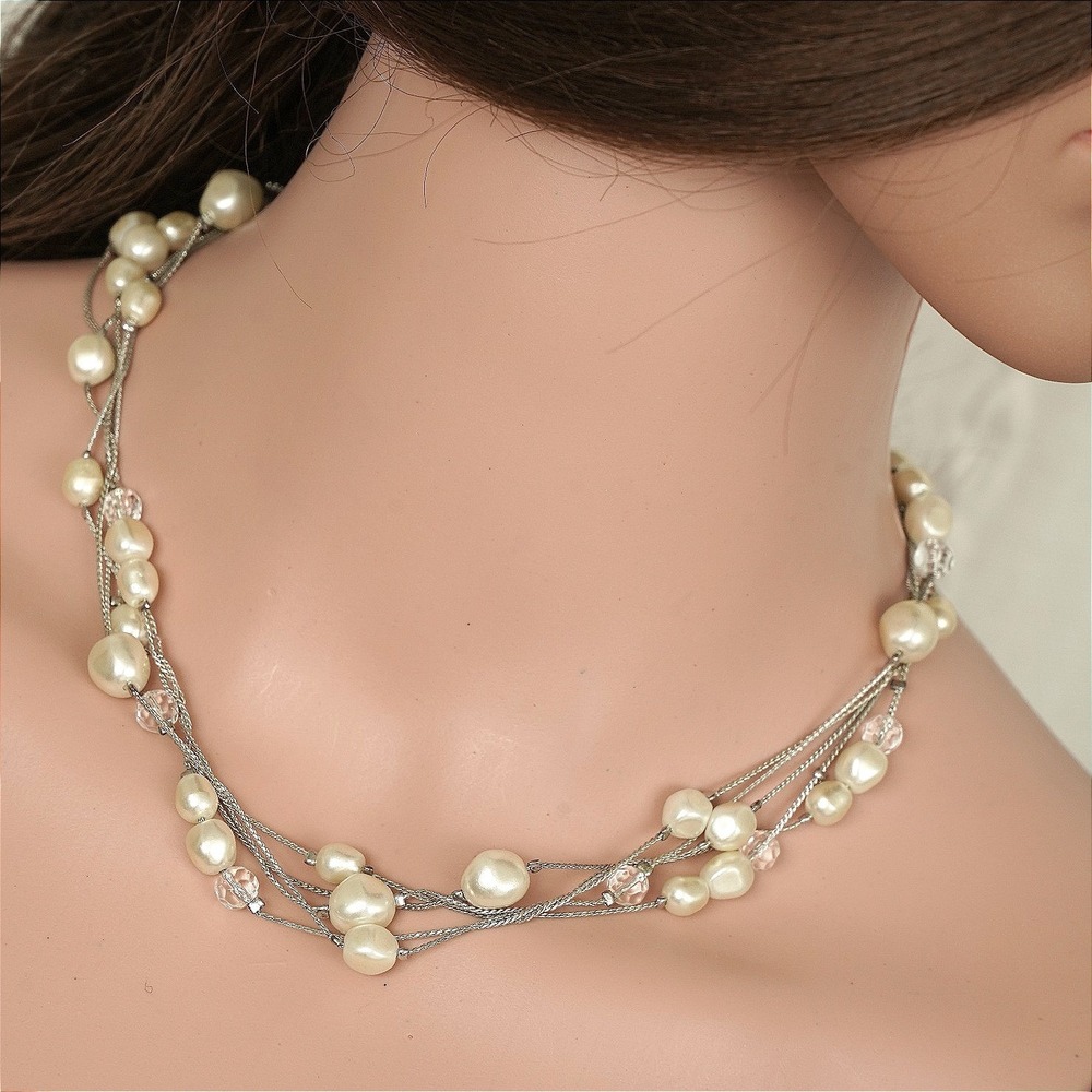 Multi Strand Faux Pearl Necklace Silver Tone Layered Crystal Accent Adjustable